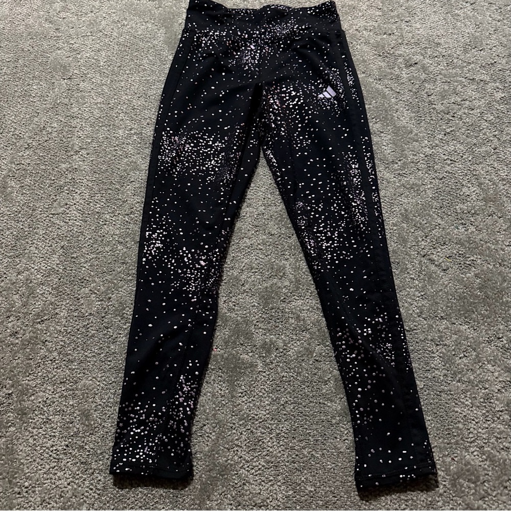 Adidas girls track pants leggings black with purple white sparkles large (14)